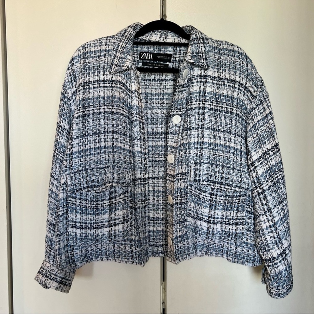 Zara tweed affect white and blue Shacket size Medium
